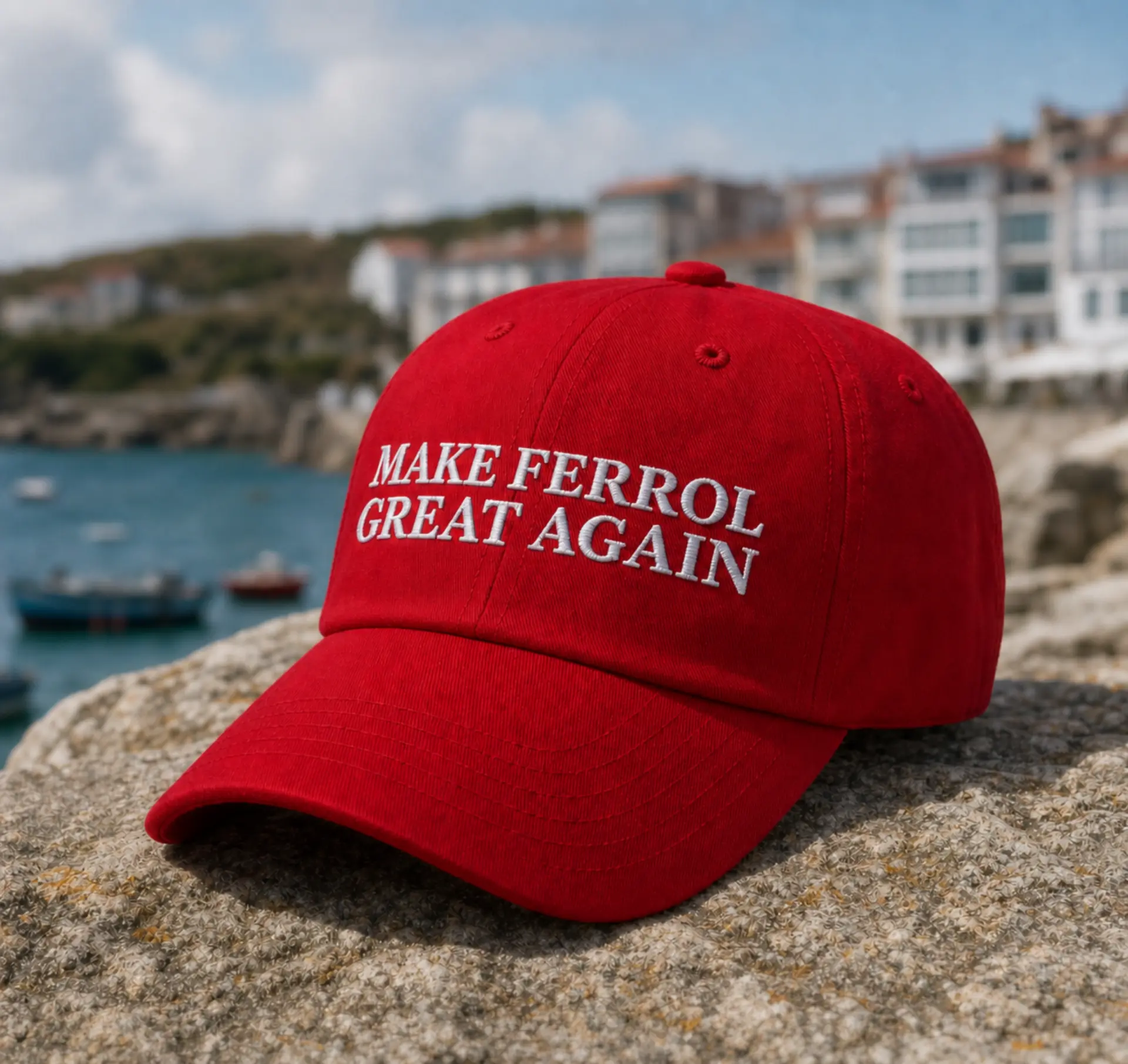 Gorra Make Ferrol Great Again vista frontal en la ría de Ferrol