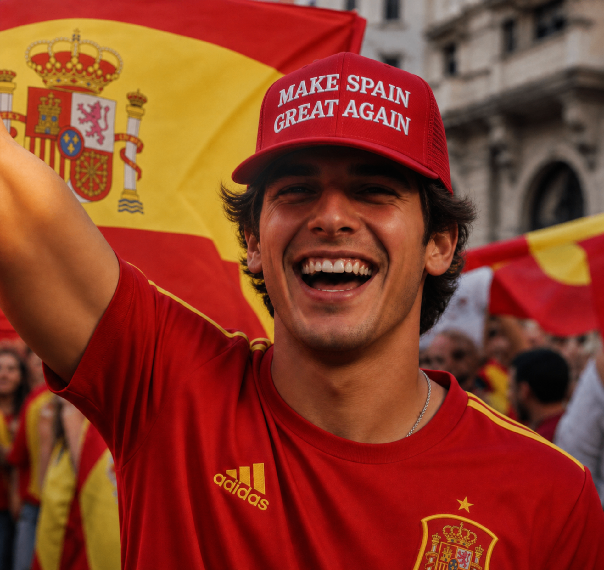 Fan waving the Spanish flag while wearing the cap