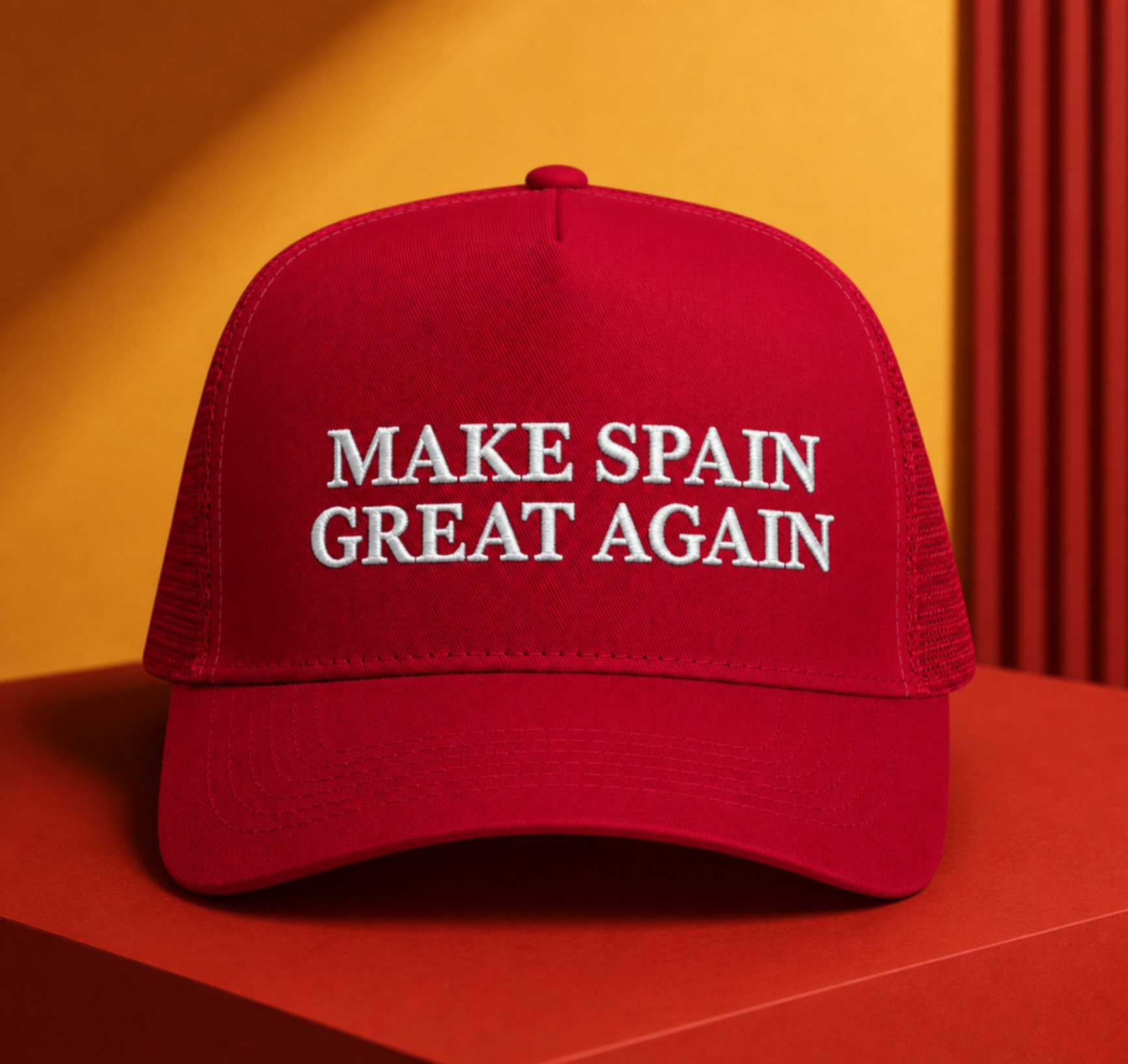 Red Make Spain Great Again cap with Spain flags embroidered on the sides