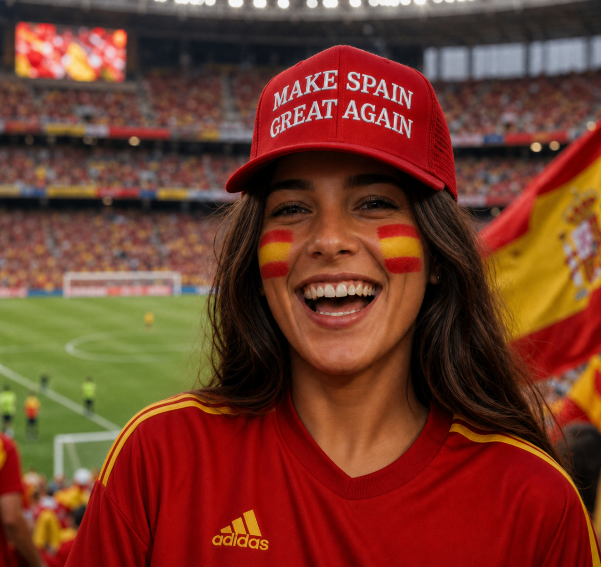 Fan celebrating in the stadium wearing the cap