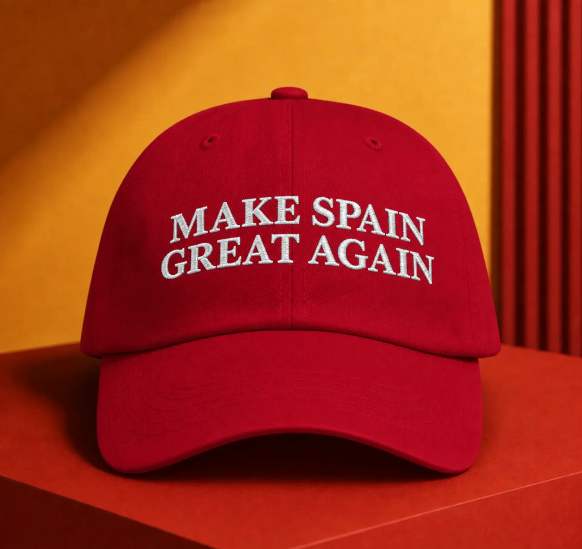Gorra roja Make Spain Great Again con la bandera de España bordada en los laterales